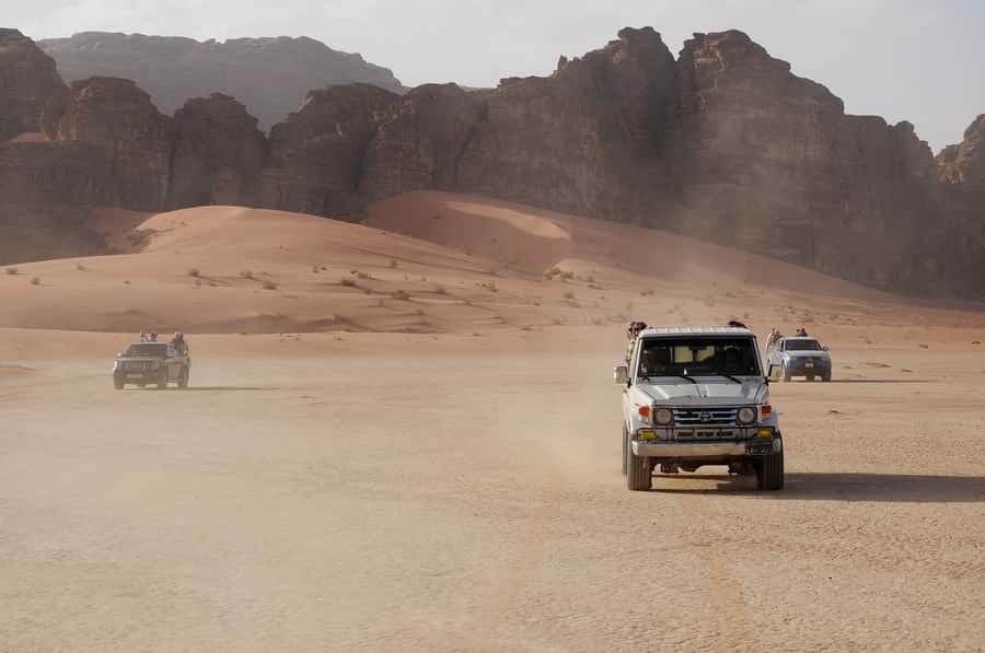 From Jerusalem: Petra, Wadi Rum & Aqaba 2-Day Glamping Tour - Jeep tracks through the Valley of the Moon